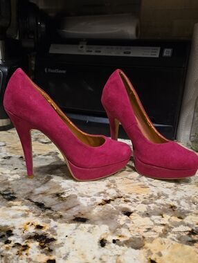 80s Hot Pink Faux Suede Platform Stilettos - UK4 -US6